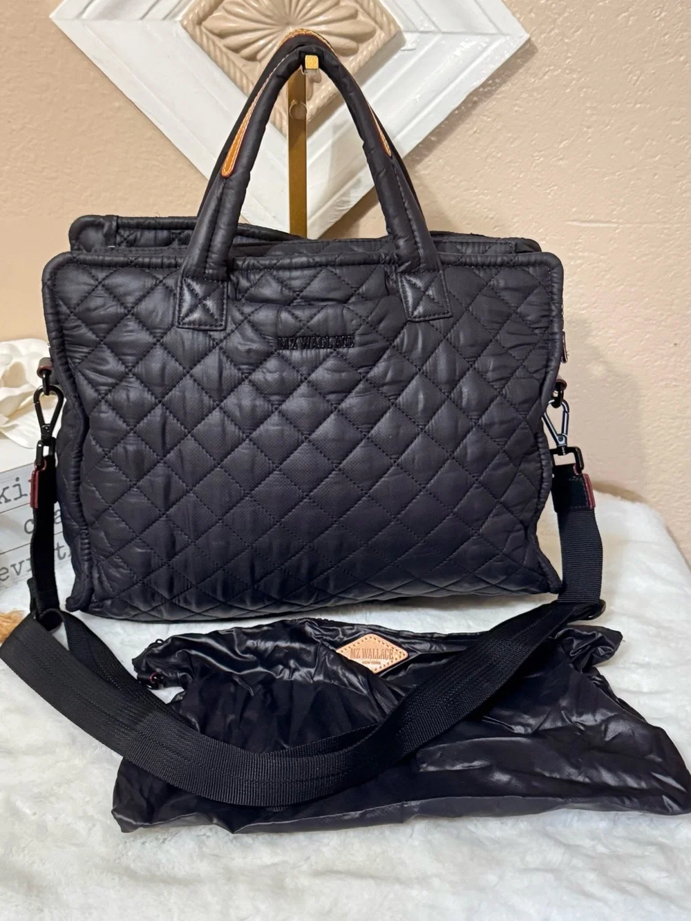 MZ Wallace Black Quilted Tote with Removable Strap